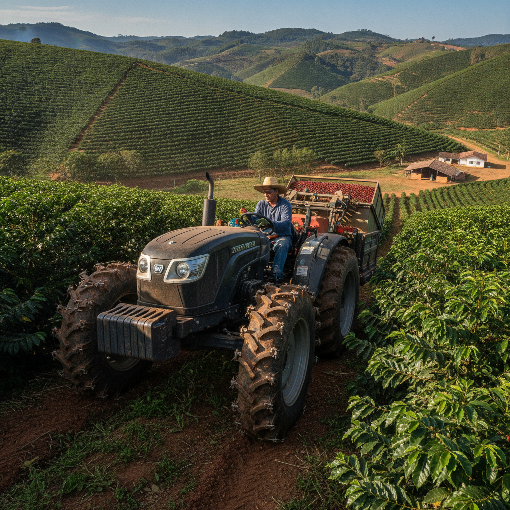 Trator na pirambeira? Veja como cafeicultor de MG colheu em morros de 35%, cortou 50% dos custos com braçais e blindou o lucro da safra!